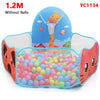 Blue foldable kids ball pit play tent with a giraffe decoration and a storage basket filled with colorful plastic balls