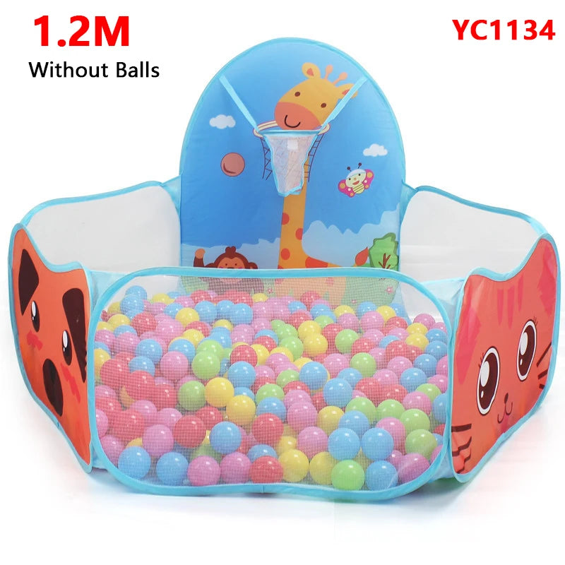 Blue foldable kids ball pit play tent with a giraffe decoration and a storage basket filled with colorful plastic balls