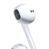 A pair of white wired earphones with a flexible cord and two earbud components.