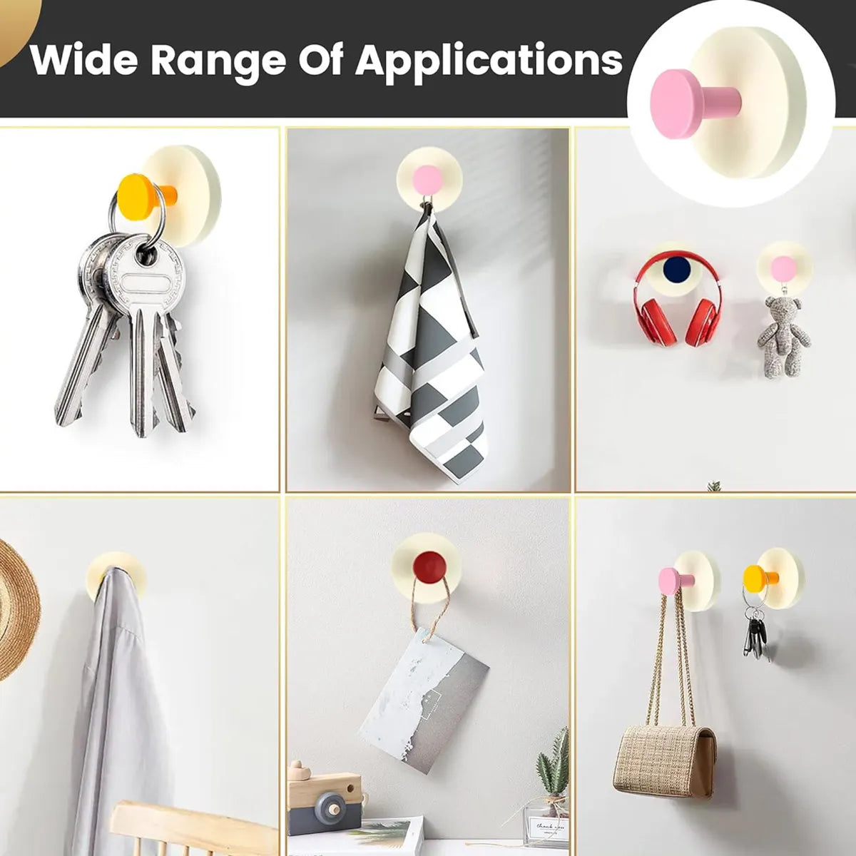 A collection of colorful suction cup hooks for keys, towels, and other items displayed on a white background.