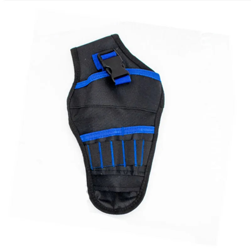 Black heavy-duty drill holster with blue accents and a belt storage pocket