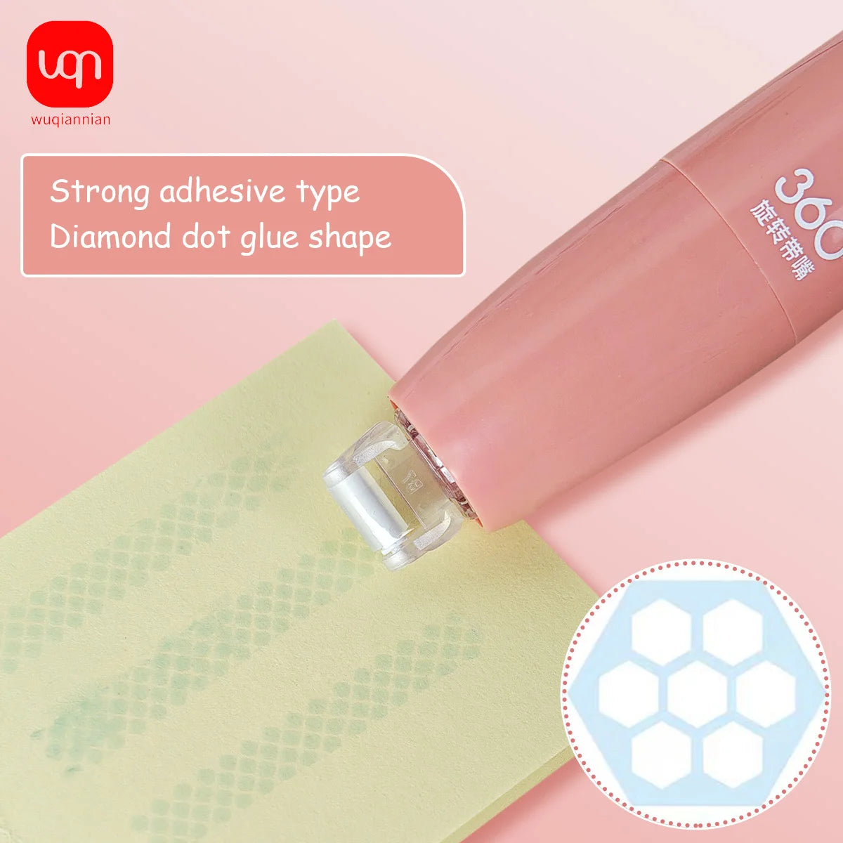 A pink roller pen with a diamond dot glue shape is shown applying adhesive tape to a light green paper.