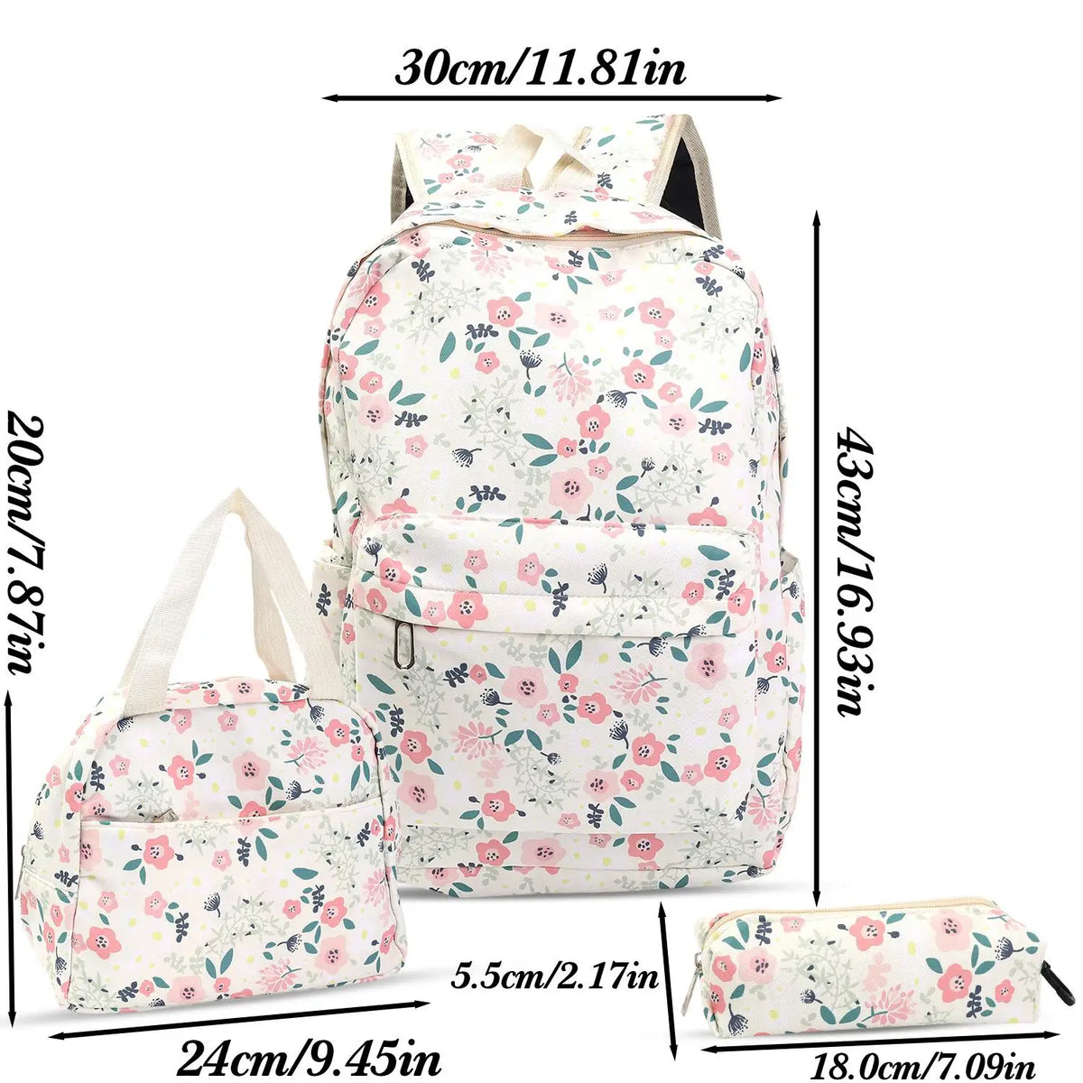 A floral 3-piece backpack set featuring a main backpack, a handbag, and a pencil case.