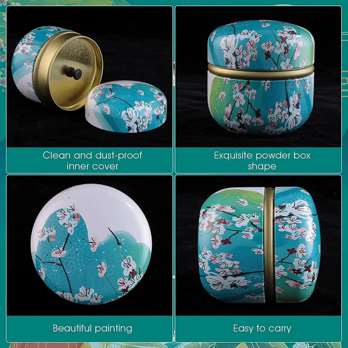 A set of refillable loose powder containers featuring beautiful floral painting and an easy-to-carry design.