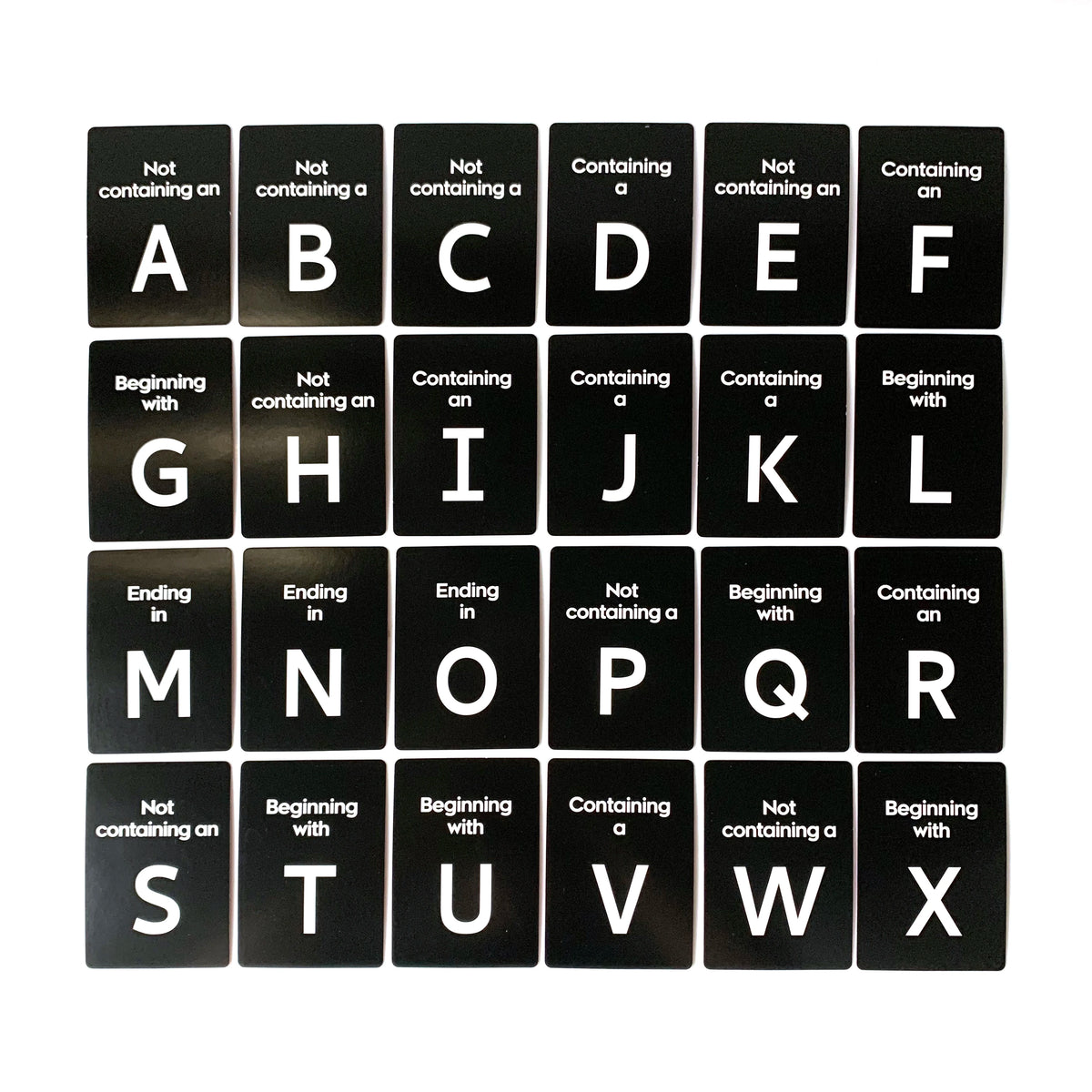 A set of black cards for a name party game featuring letters A through X.