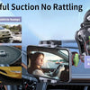 A suction cup phone mount is shown attached to a car dashboard, demonstrating its powerful suction and no rattling feature.