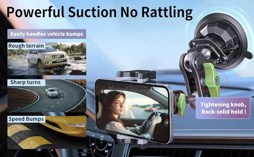 A suction cup phone mount is shown attached to a car dashboard, demonstrating its powerful suction and no rattling feature.