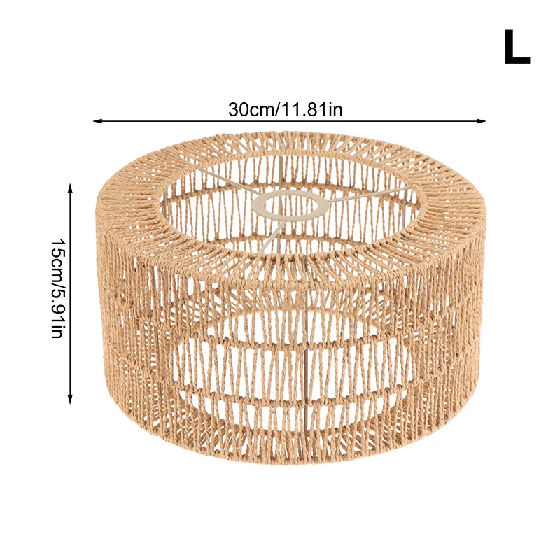 A woven paper rope pendant lampshade with a natural beige color and a cylindrical shape.