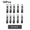 Ten black metal zipper pull replacement sliders for luggage, bags, and jackets.