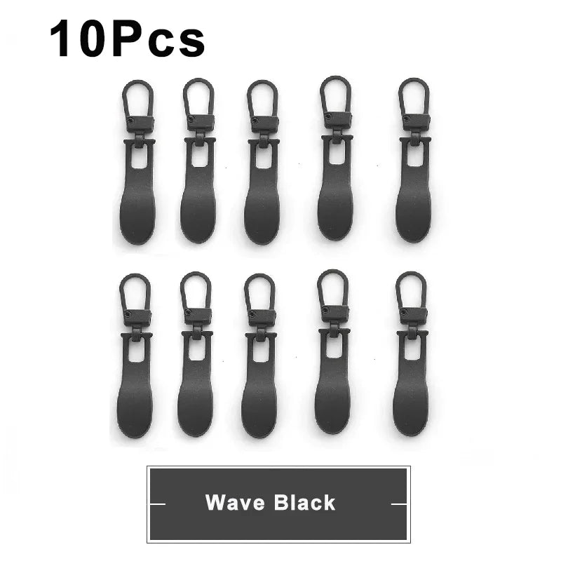 Ten black metal zipper pull replacement sliders for luggage, bags, and jackets.