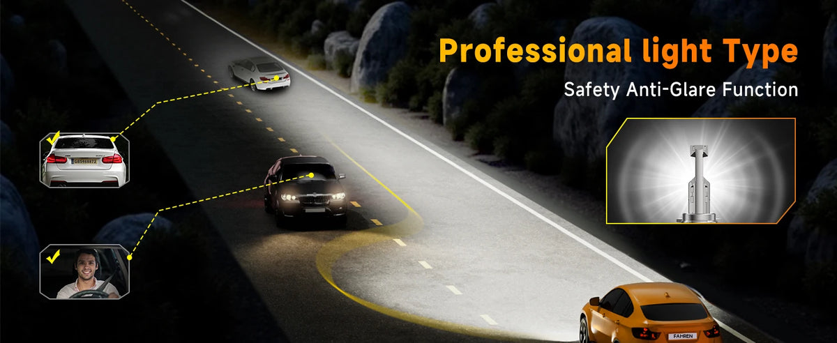 A professional light type safety anti-glare function is demonstrated on a road with various vehicles.