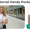 A beige handy pocket features a front quick access pocket on a multi-functional boxy tote bag.