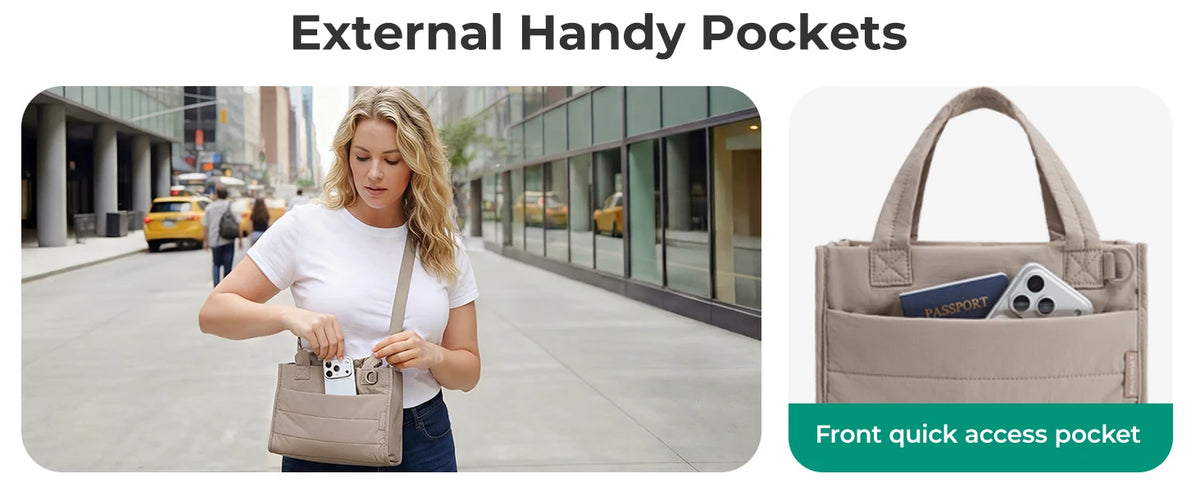 A beige handy pocket features a front quick access pocket on a multi-functional boxy tote bag.