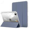 A silver iPad is shown inside a blue protective case with a built-in pencil holder.