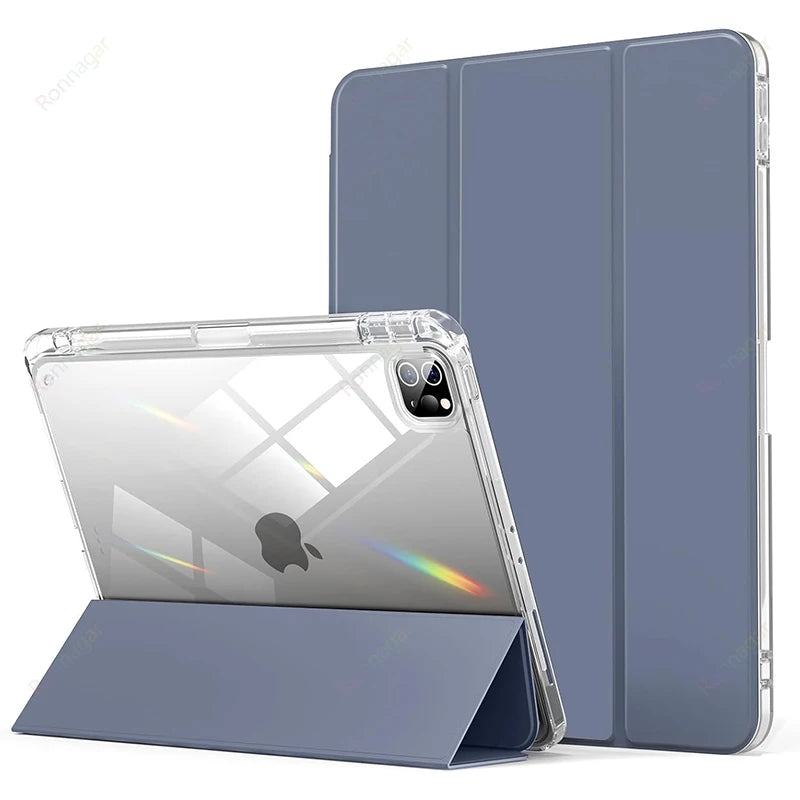 A silver iPad is shown inside a blue protective case with a built-in pencil holder.
