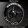 Matte silver motorcycle wheel with custom MT-07 decals and 17-inch rim specifications