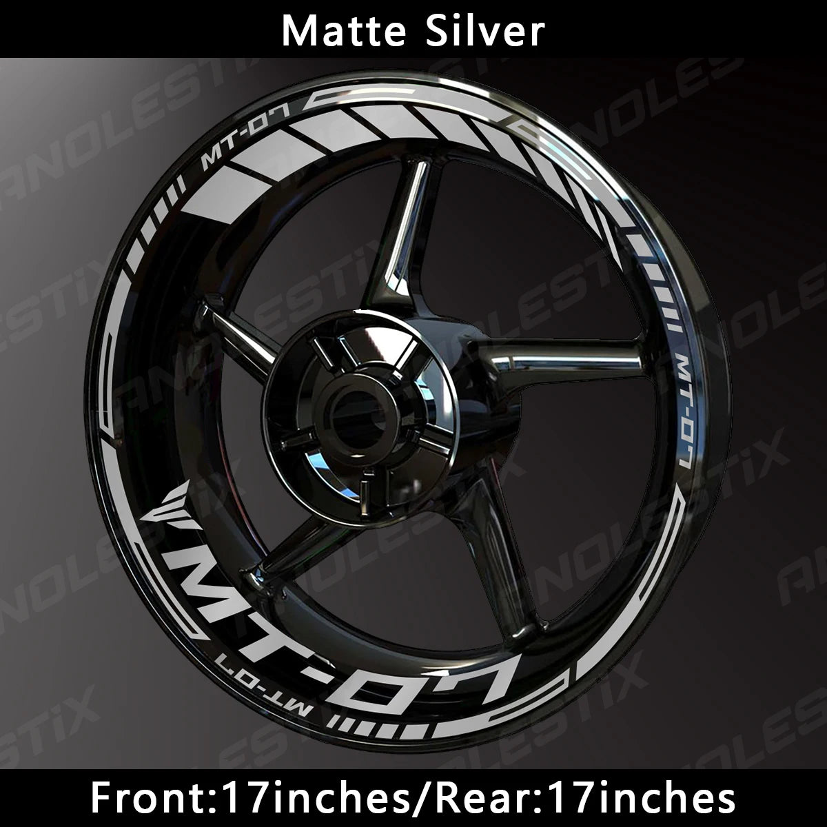 Matte silver motorcycle wheel with custom MT-07 decals and 17-inch rim specifications