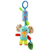 A soft plush cartoon animal rattle toy with a hanging bell, featuring an elephant head and green features.