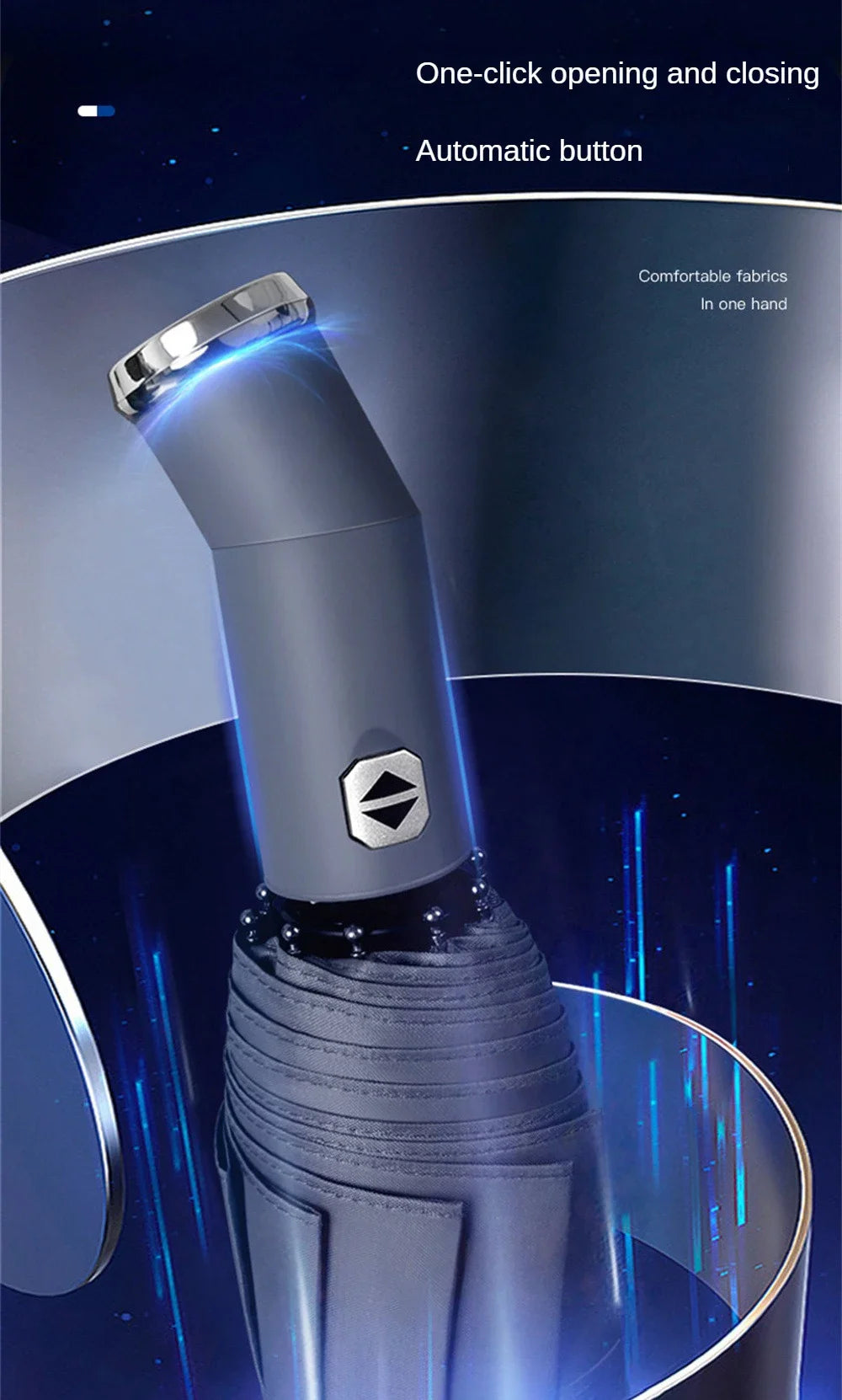 Close-up of an automatic three-fold umbrella with a silver handle and LED light, showing its one-click opening mechanism.