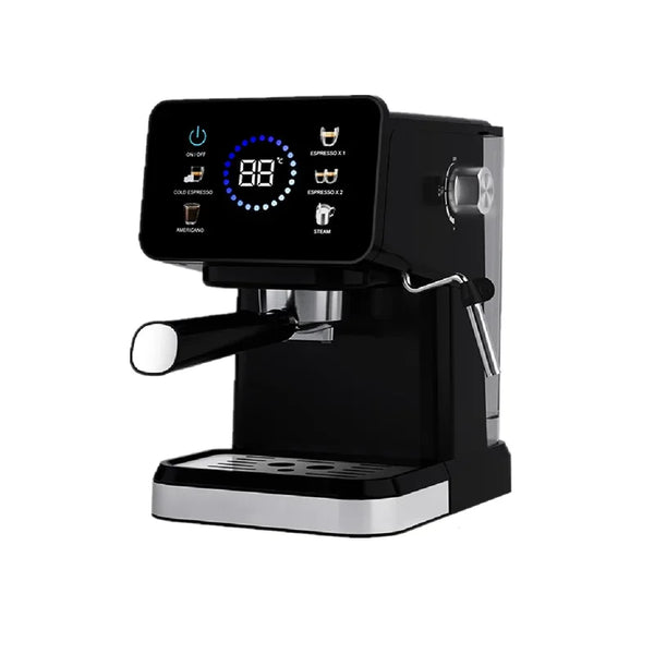 Preparadora de espresso semiautomática negra con pantalla digital que muestra 88 grados y botones de función.