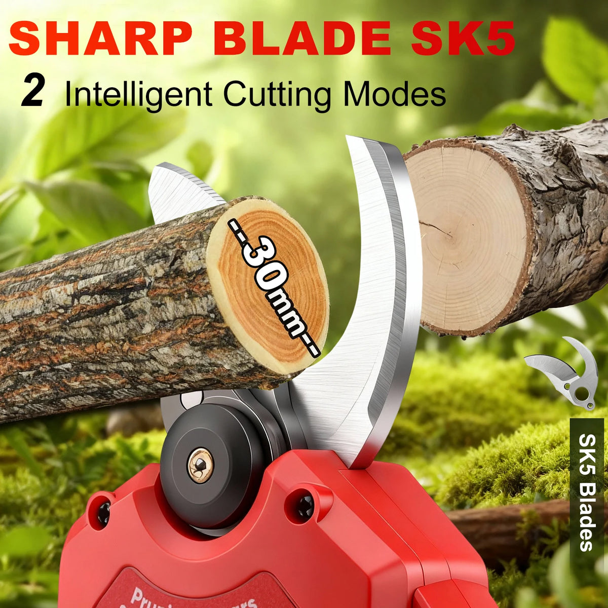 A close-up of a red pruning shear tool with a sharp blade, demonstrating two cutting modes on a log.