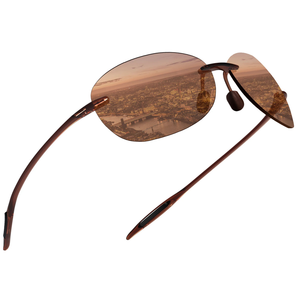 Rimless polarized sport sunglasses with brown frames and tinted lenses