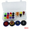 A kit of spinning top customization accessories including various colored tops and a storage box.