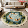 Round plush rug with a blue and green koi fish pattern in a light beige background