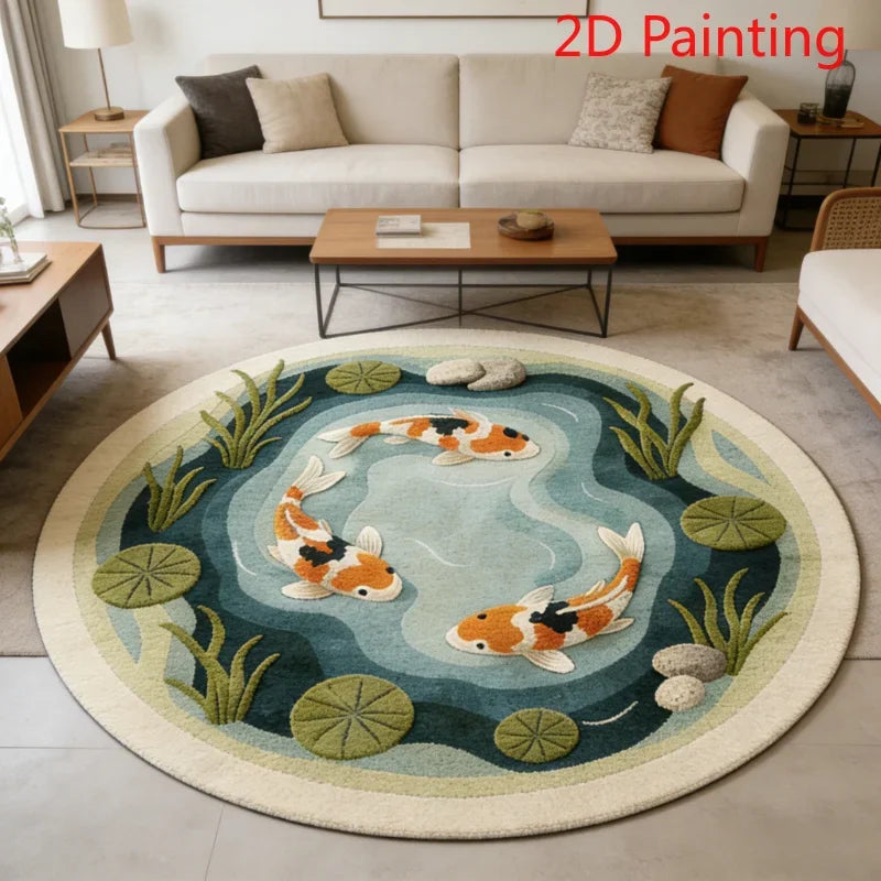 Round plush rug with a blue and green koi fish pattern in a light beige background