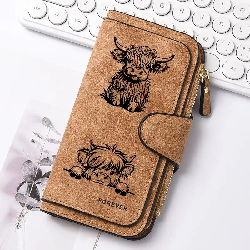 Adorable Highland Cow Long Wallet with Zipper Closure