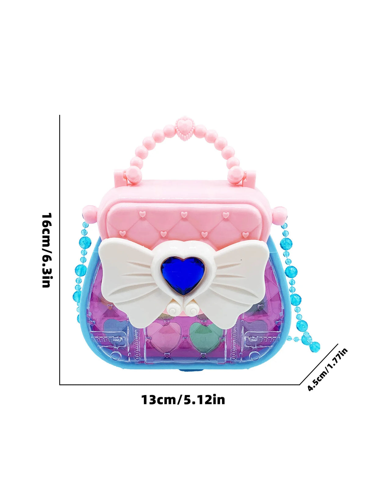 A pink and blue princess makeup toy set featuring a cosmetic playset with a heart-shaped lid and decorative elements.