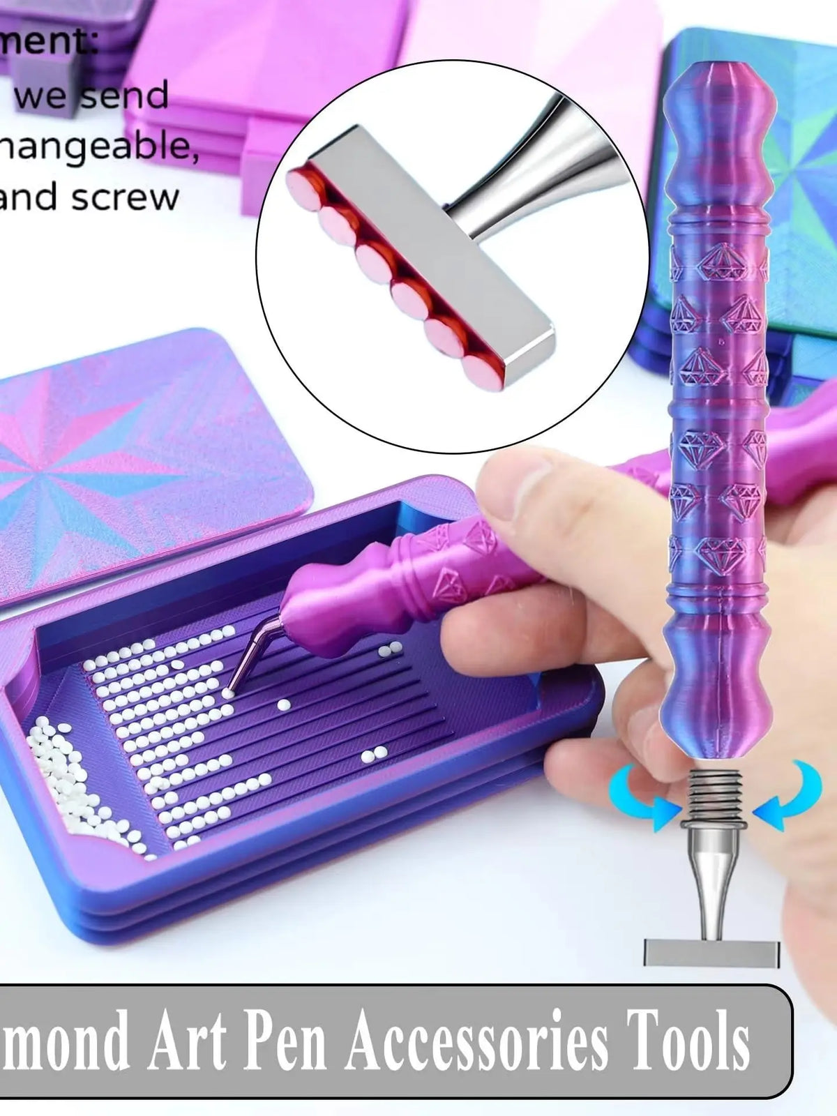 A purple diamond painting pen set with steel tips and a tray is shown, including an inset of the pen tip.
