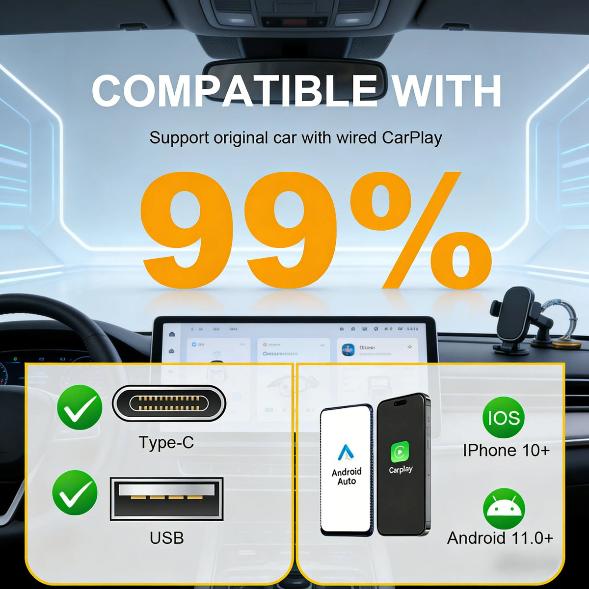 Primer plano de un dispositivo mostrando iconos de compatibilidad para Type-C, USB, iOS y Android Auto.