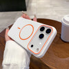 A hand holds a white Magnetic Matte phone case with MagSafe support on a wooden surface.