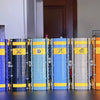 A display of six fantasy theme building blocks in various colors including blue, black, light blue, yellow, and silver.