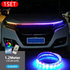An RGB LED light strip is shown illuminating the front hood of a car, with a separate ring light visible below.