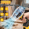 A hand holds a yellow cordless RPM blower super jet fan directing a strong stream of air in a workshop setting.