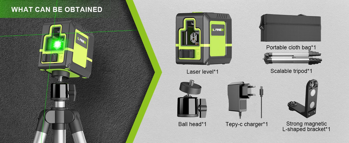 A self-leveling laser level device and its accessories including a portable cloth bag, a scalable tripod, a ball head, a Tepy
