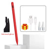 Un bolígrafo stylus rojo de precisión junto a guantes anti-tacto y cables de carga sobre una superficie blanca.
