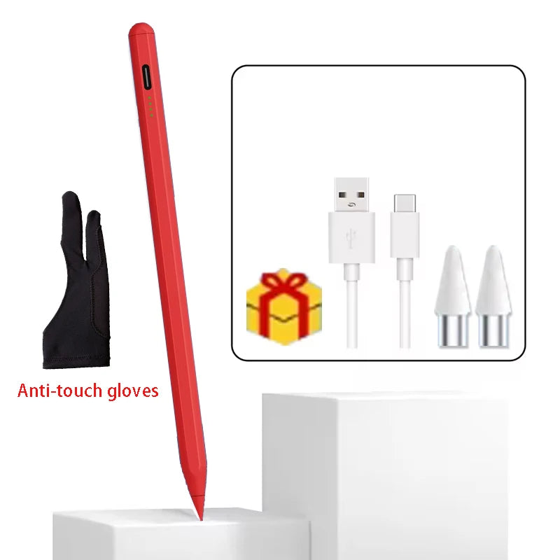 Un bolígrafo stylus rojo de precisión junto a guantes anti-tacto y cables de carga sobre una superficie blanca.