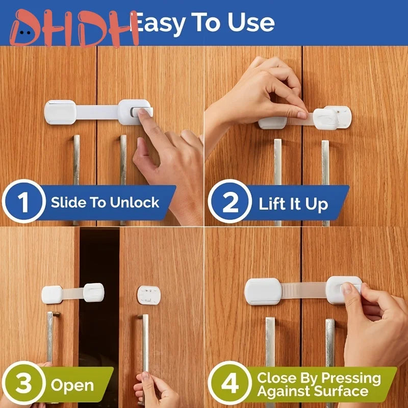 Instructions showing how to use adjustable baby safety locks to slide, lift, open, and close cabinets.