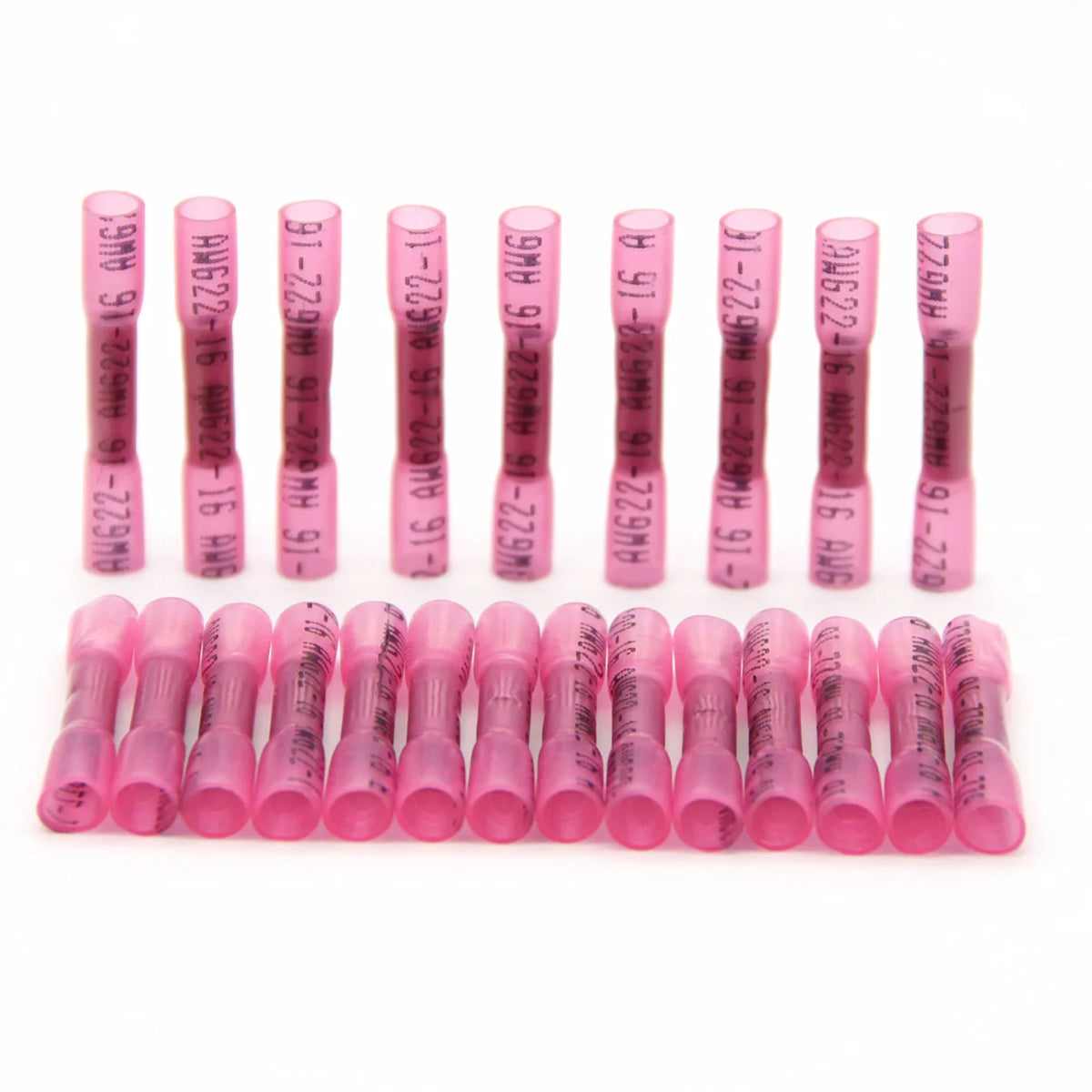 A row of pink insulated waterproof heat shrink butt connectors for 22-16 AWG wires.