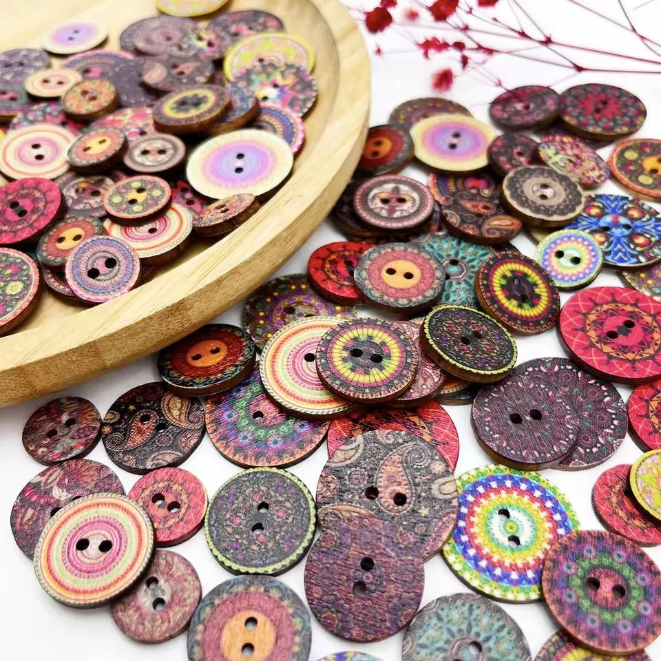 Vintage Wooden Buttons Assortment with Floral Designs