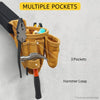 A tan tool pouch with multiple pockets and a hammer loop is shown attached to a black strap.