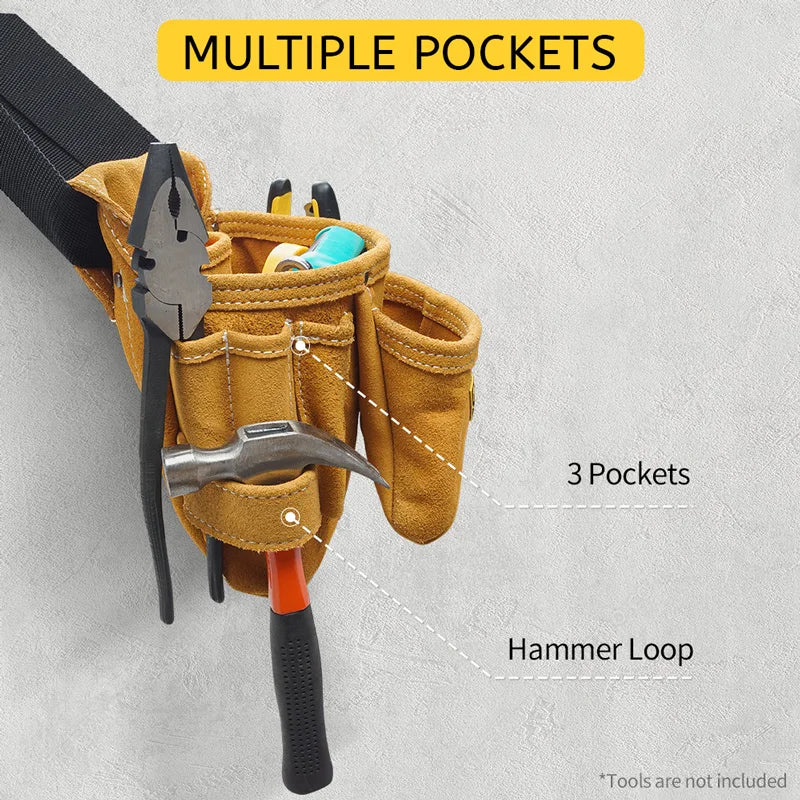 A tan tool pouch with multiple pockets and a hammer loop is shown attached to a black strap.