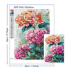 A diamond painting kit featuring pink and orange hydrangeas on a green background.