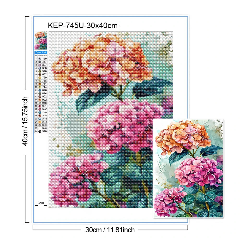 A diamond painting kit featuring pink and orange hydrangeas on a green background.