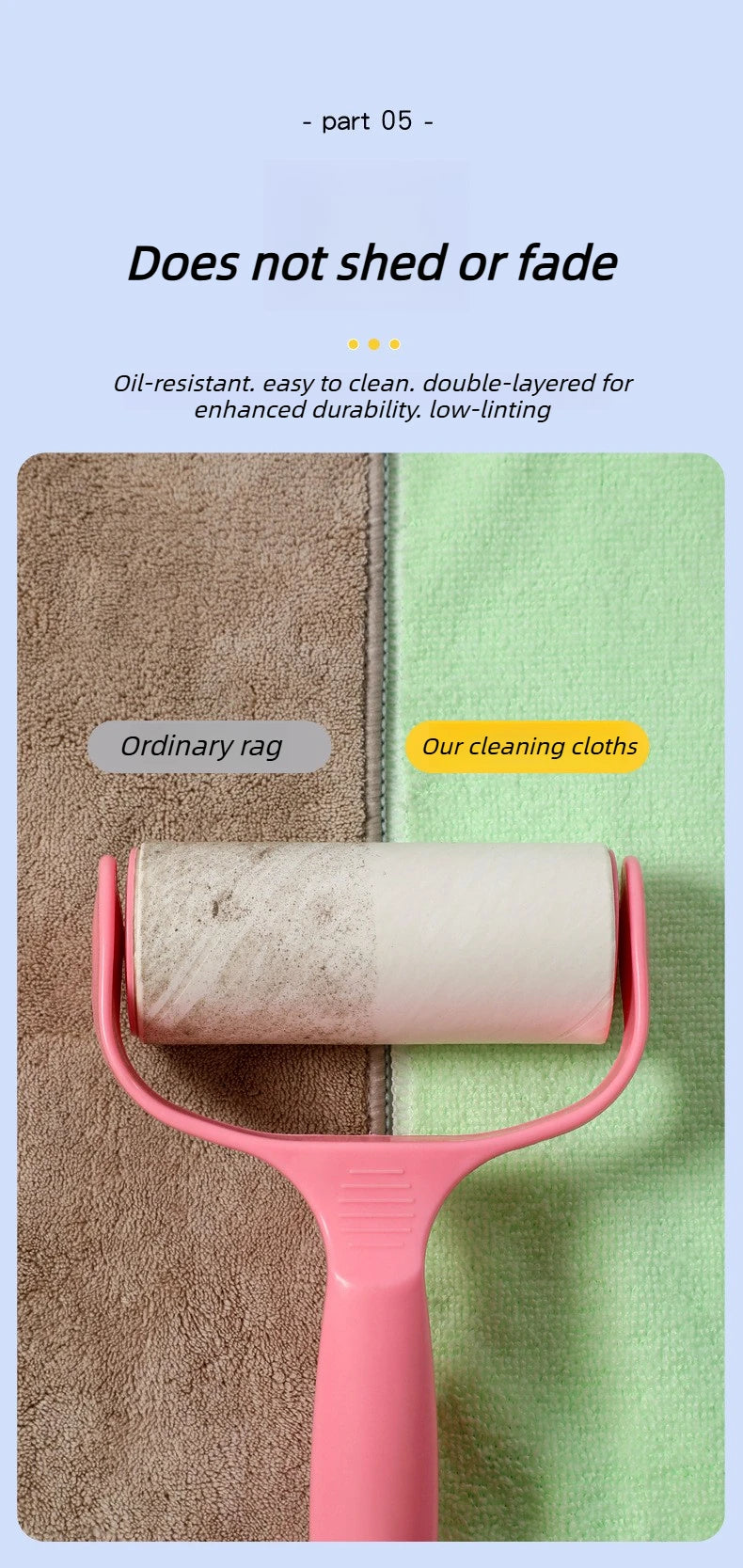 A pink reusable microfiber cleaning cloth is shown next to a green cloth, demonstrating its durability and low-linting proper