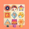 A wooden puzzle board featuring various colorful rainbow and geometric shapes for children.