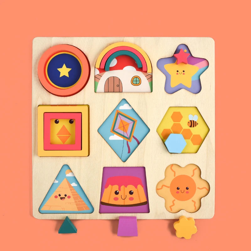 A wooden puzzle board featuring various colorful rainbow and geometric shapes for children.